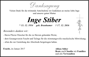 Traueranzeige von Inge Stiber von Der Bote