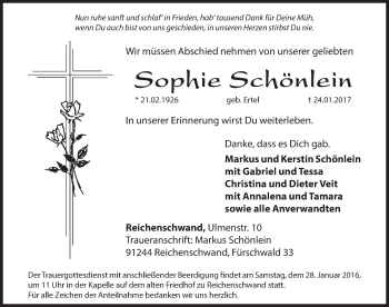 Traueranzeige von Sophie Schönlein von Hersbrucker Zeitung