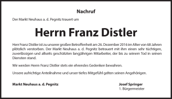 Traueranzeige von Franz Distler von Hersbrucker Zeitung