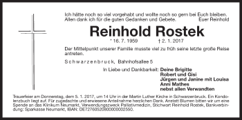 Traueranzeige von Reinhold Rostek von Der Bote