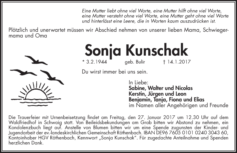  Traueranzeige für Sonja Kunschak vom 23.01.2017 aus Pegnitz-Zeitung
