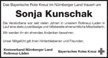 Traueranzeige von Sonja Kunschak von Pegnitz-Zeitung
