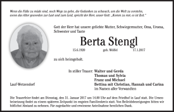 Traueranzeige von Berta Stengl von Pegnitz-Zeitung