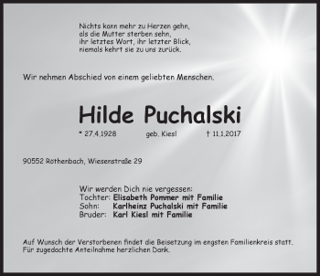 Traueranzeige von Hilde Puchalski von Pegnitz-Zeitung