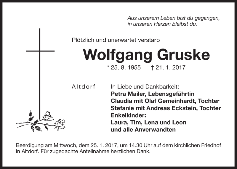  Traueranzeige für Wolfgang Gruske vom 24.01.2017 aus Der Bote