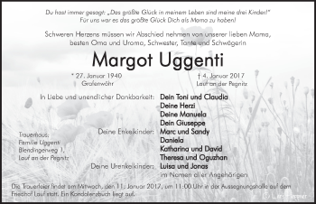 Traueranzeige von Margot Uggenti von Pegnitz-Zeitung