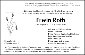 Traueranzeige von Erwin Roth von Pegnitz-Zeitung