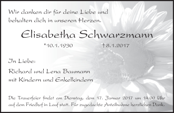 Traueranzeige von Elisabetha Schwarzmann von Pegnitz-Zeitung