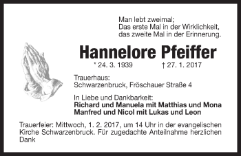 Traueranzeige von Hannelore Pfeiffer von Der Bote