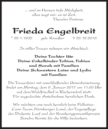 Traueranzeige von Frieda Engelbreit von Pegnitz-Zeitung