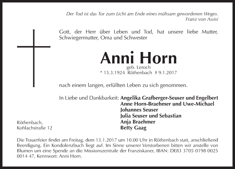  Traueranzeige für Anni Horn vom 12.01.2017 aus Pegnitz-Zeitung