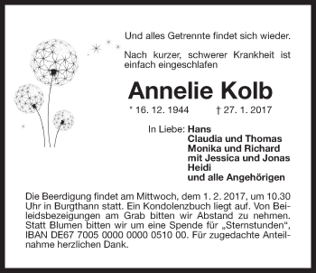 Traueranzeige von Annelie Kolb von Der Bote