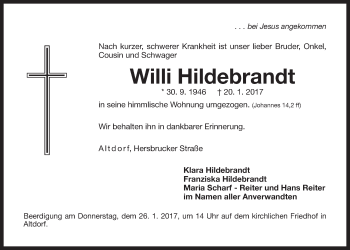 Traueranzeige von Willi Hildebrandt von Der Bote