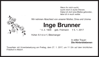 Traueranzeige von Inge Brunner von Der Bote