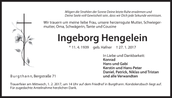 Traueranzeige von Ingeborg Hengelein von Der Bote