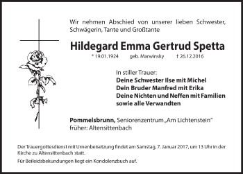 Traueranzeige von Hildegard Emma Gertrud Spetta von Hersbrucker Zeitung