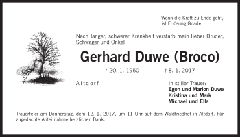 Traueranzeige von Gerhard Duwe von Der Bote