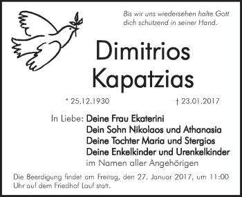 Traueranzeige von Dimitrios Kapatzias von Pegnitz-Zeitung