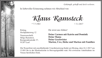Traueranzeige von Klaus Ramsteck von Pegnitz-Zeitung