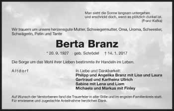 Traueranzeige von Berta Branz von Der Bote