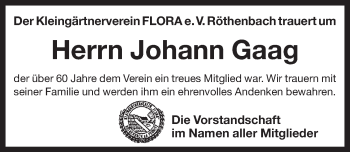 Traueranzeige von Johann Gaag von Pegnitz-Zeitung