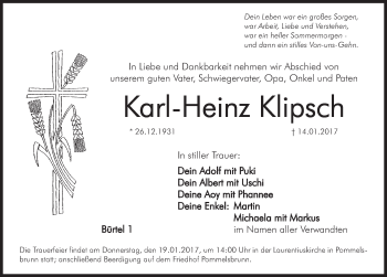 Traueranzeige von Karl-Heinz Klipsch von Hersbrucker Zeitung