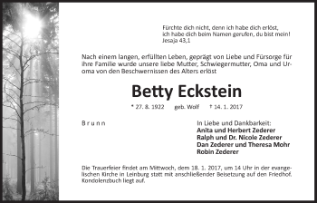 Traueranzeige von Betty Eckstein von Der Bote