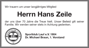 Traueranzeige von Hans Zeile von Pegnitz-Zeitung