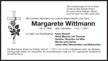 Traueranzeige von Margarete Wittmann von Der Bote