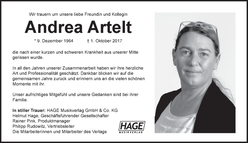  Traueranzeige für Andrea Artelt vom 07.10.2017 aus Hersbrucker Zeitung