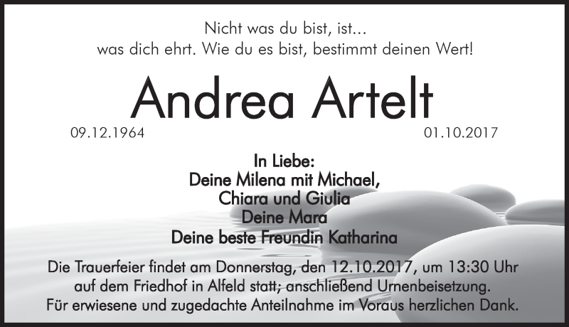  Traueranzeige für Andrea Artelt vom 07.10.2017 aus Hersbrucker Zeitung