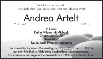 Traueranzeige von Andrea Artelt von Hersbrucker Zeitung