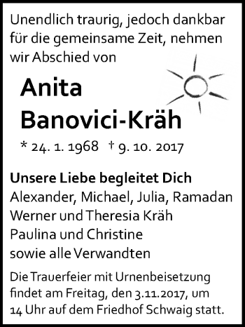 Traueranzeige von Anita Banovici-Kräh von Pegnitz-Zeitung