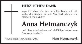 Traueranzeige von Anna Hetmanczyk von Pegnitz-Zeitung