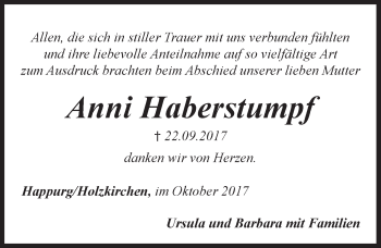 Traueranzeige von Anni Haberstumpf von Hersbrucker Zeitung