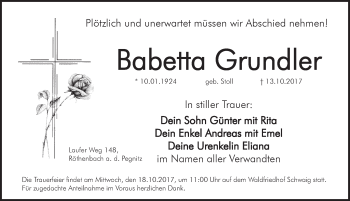 Traueranzeige von Babetta Grundler von Pegnitz-Zeitung