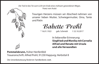 Traueranzeige von Babette Prohl von Hersbrucker Zeitung