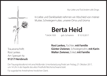 Traueranzeige von Berta Heid von Hersbrucker Zeitung