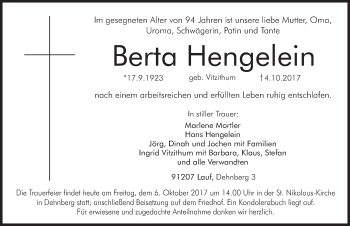 Traueranzeige von Berta Hengelein von Pegnitz-Zeitung