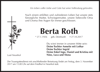 Traueranzeige von Berta Roth von Pegnitz-Zeitung