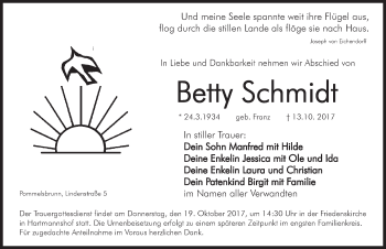 Traueranzeige von Betty Schmidt von Hersbrucker Zeitung