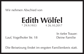 Traueranzeige von Edith Wölfel von Pegnitz-Zeitung