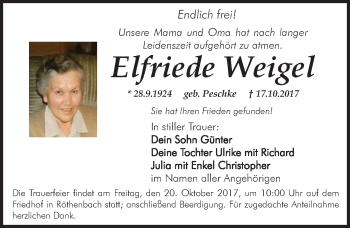 Traueranzeige von Elfriede Weigel von Pegnitz-Zeitung