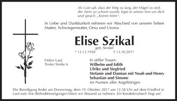 Traueranzeige von Elise Szikal von Pegnitz-Zeitung