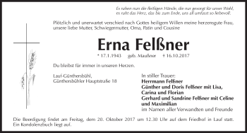 Traueranzeige von Erna Felßner von Pegnitz-Zeitung