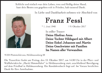Traueranzeige von Franz Fessl von Hersbrucker Zeitung