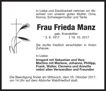 Traueranzeige von Frieda Manz von Der Bote