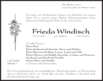 Traueranzeige von Frieda Windisch von Pegnitz-Zeitung