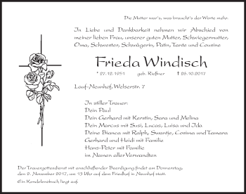 Traueranzeige von Frieda Windisch von Hersbrucker Zeitung