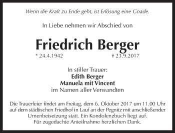 Traueranzeige von Friedrich Berger von Pegnitz-Zeitung